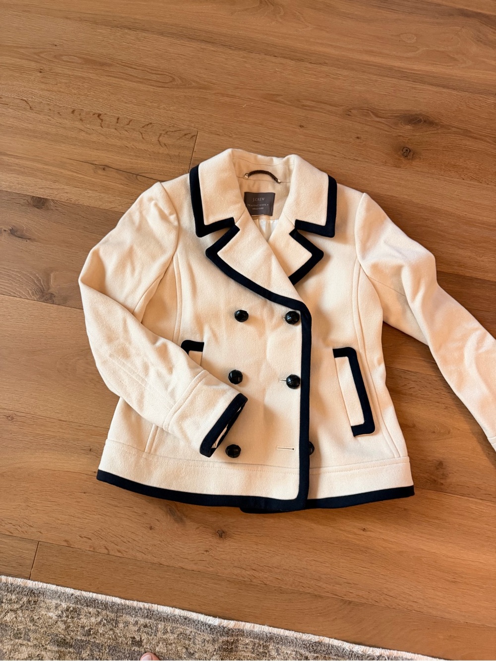 J. Crew Cream Double-Breasted Peacoat with Navy Trim Nello Gori 8